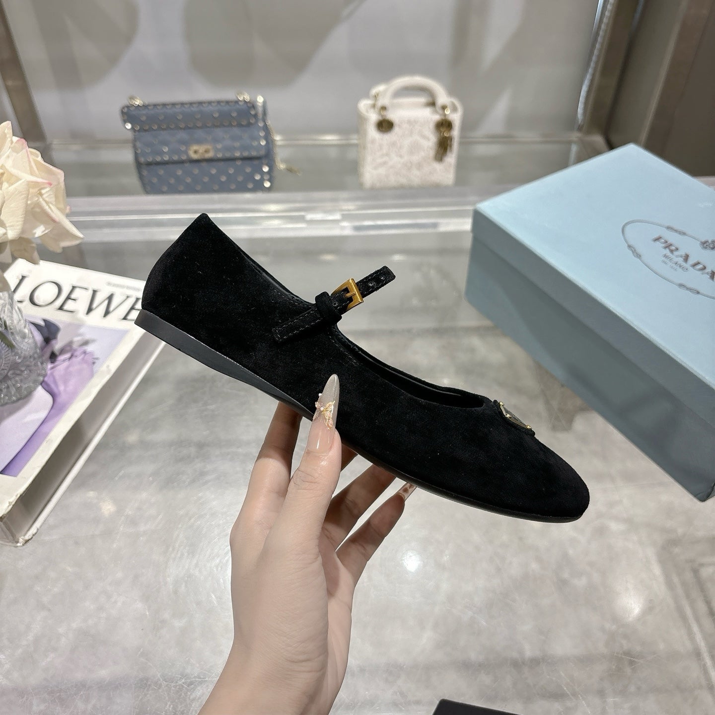 PRADA 25S MARY JANE BALLETS IN BLACK SUEDE