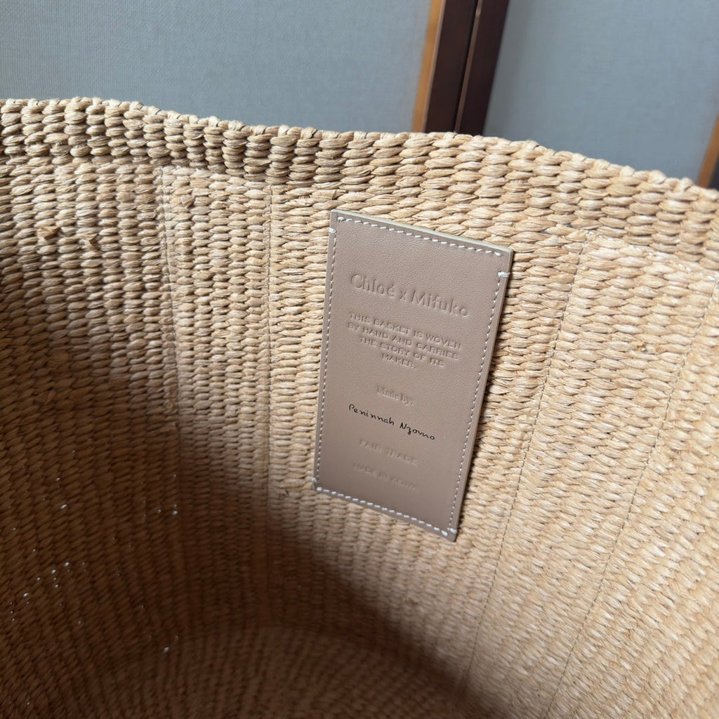 LAGRE WOODY TOTE BAG 48 IN NATURAL FIBERS BLUSHY BEIGE WEBBING LOGO EMBROIDER BROWN CALFSKIN