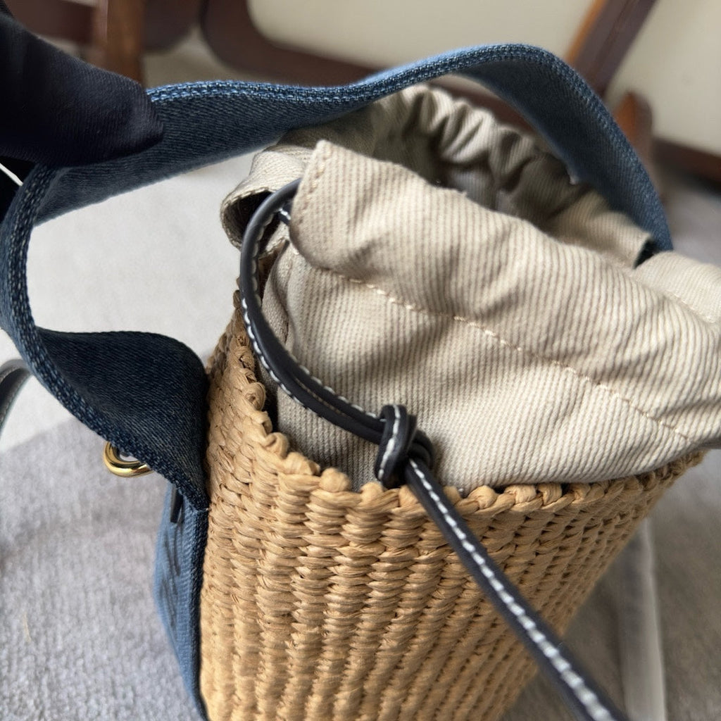 SMALL WOODY BASKET 17 IN NATURAL FIBERS BLUE DENIM BLACK CALFSKIN