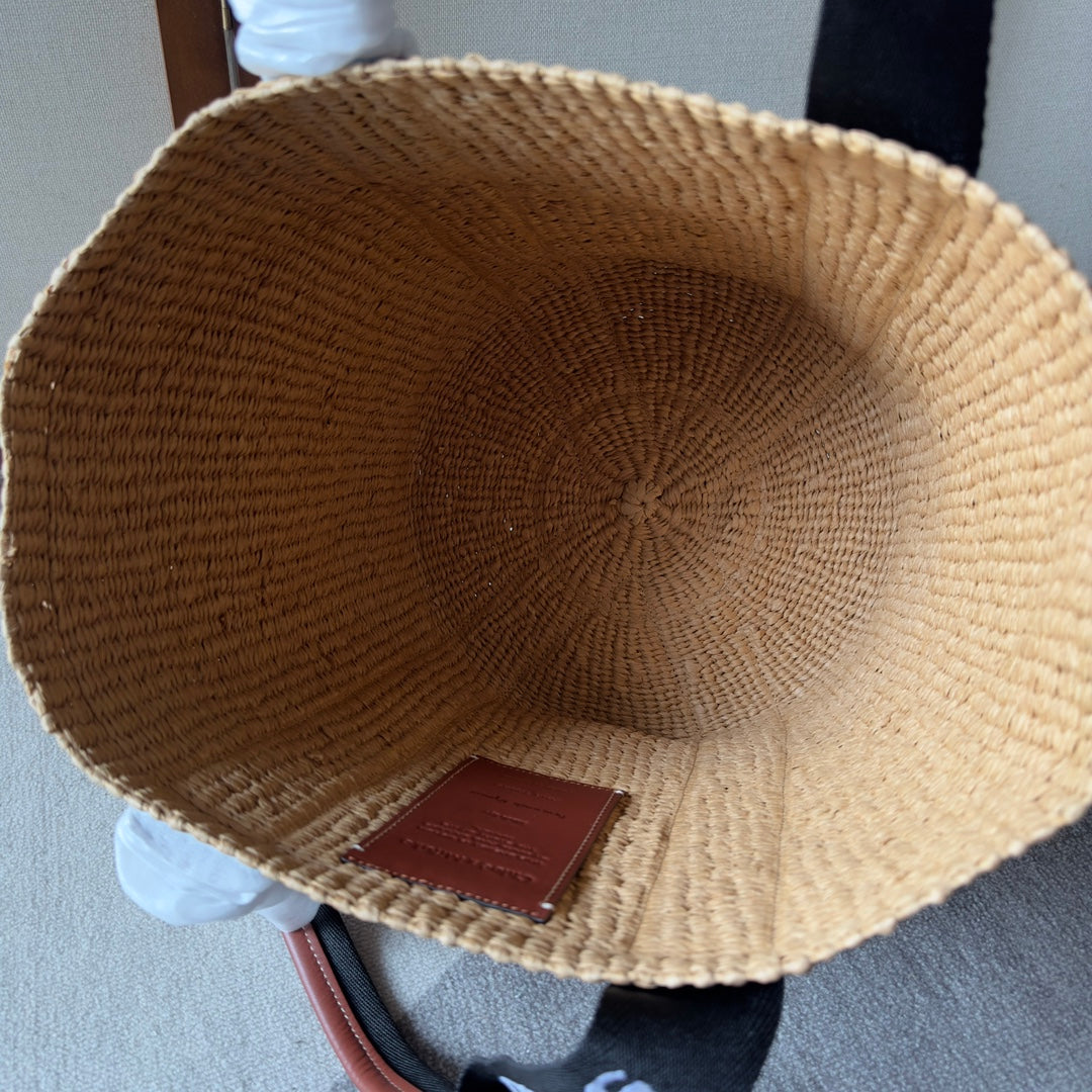 LAGRE WOODY TOTE BAG 48 IN NATURAL FIBERS BLACK WEBBING LOGO EMBROIDER BROWN CALFSKIN