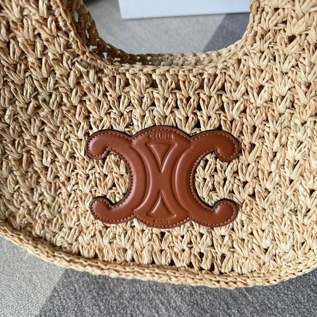 CELINE PANIER HOBO BAG 33 IN RAFFIA AND CALFSKIN LOGO BROWN