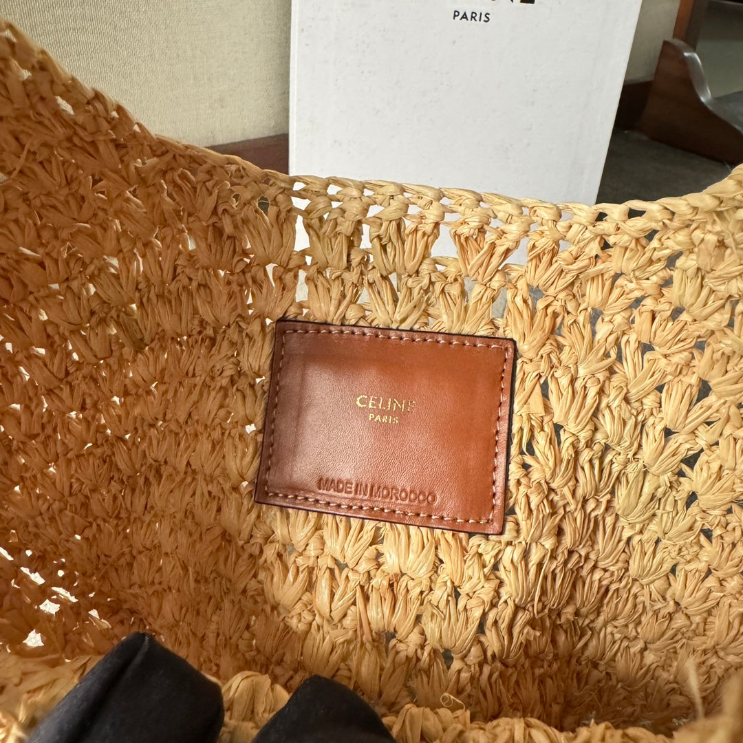 CELINE PANIER HOBO BAG 33 IN RAFFIA AND CALFSKIN LOGO BROWN