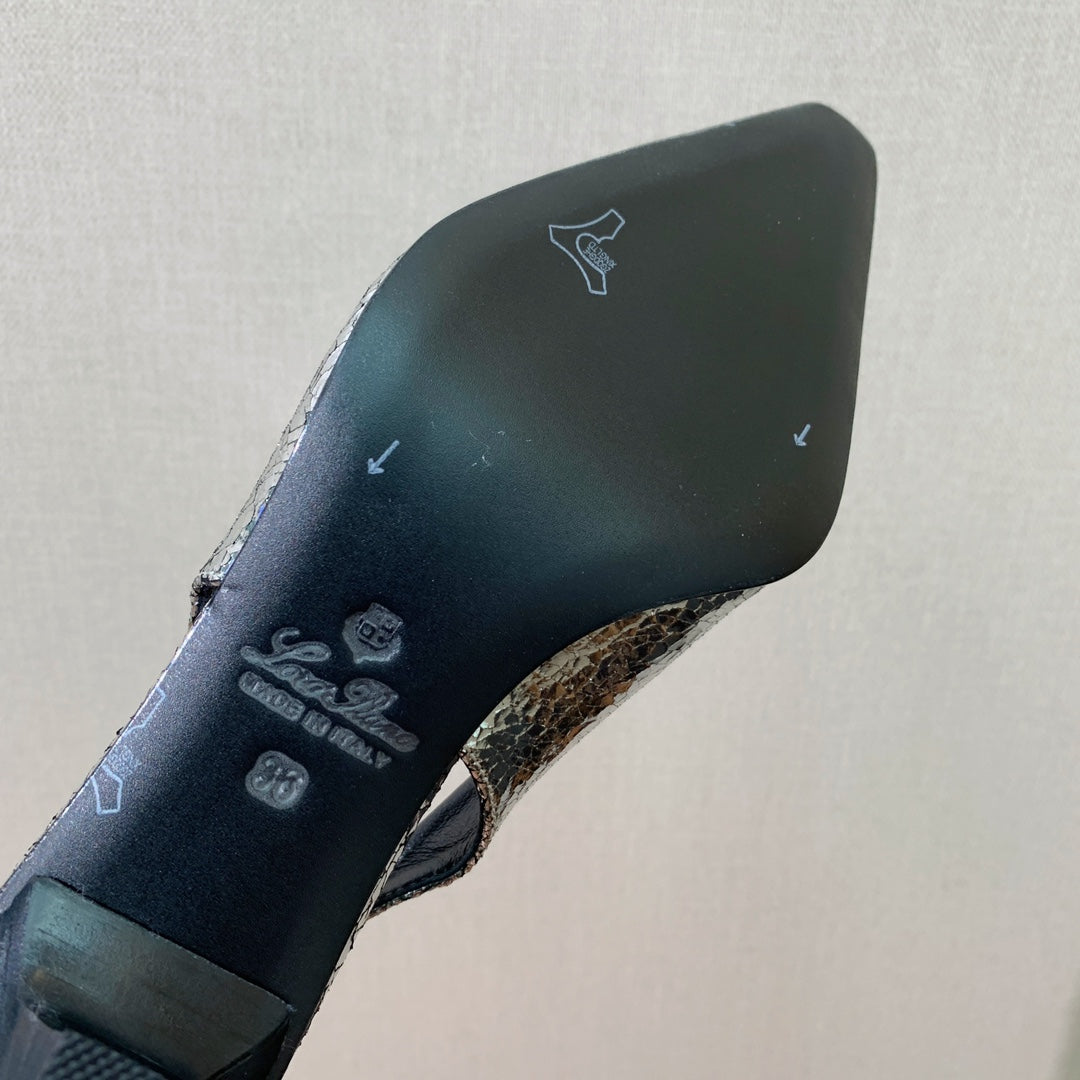 LP POINTED TOE MID-HEEL SLINGBACK SILVER CALFSKIN