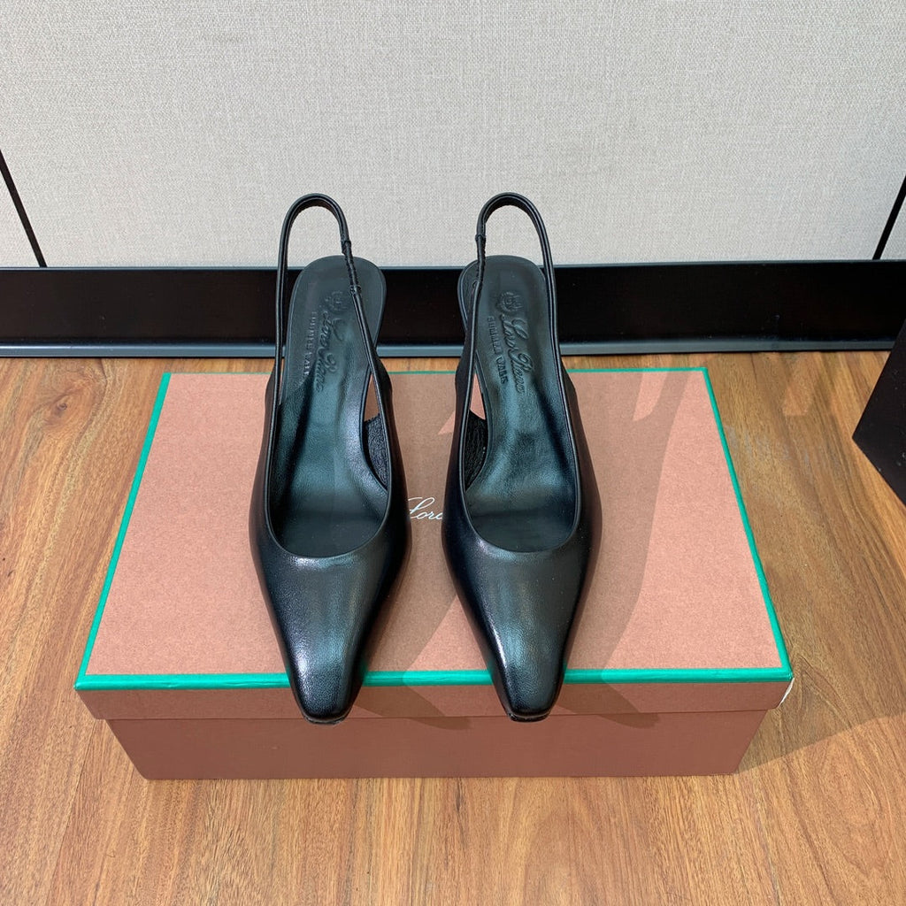 LP POINTED TOE MID-HEEL SLINGBACK BLACK CALFSKIN