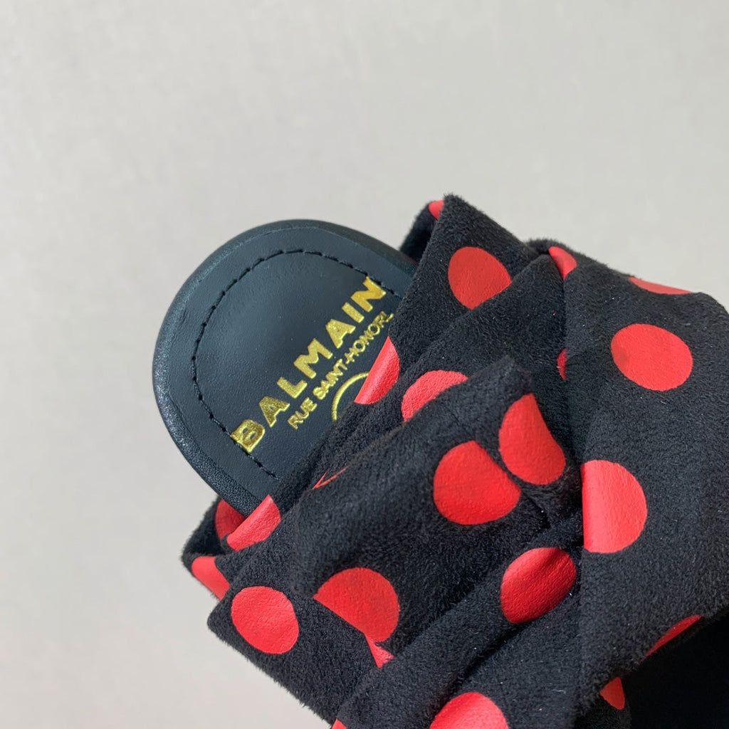 BALMAIN 25S BAKARI MULE WITH RED POLKA DOTS ON BLACK STRAP 95MM IN BLACK CALFSKIN