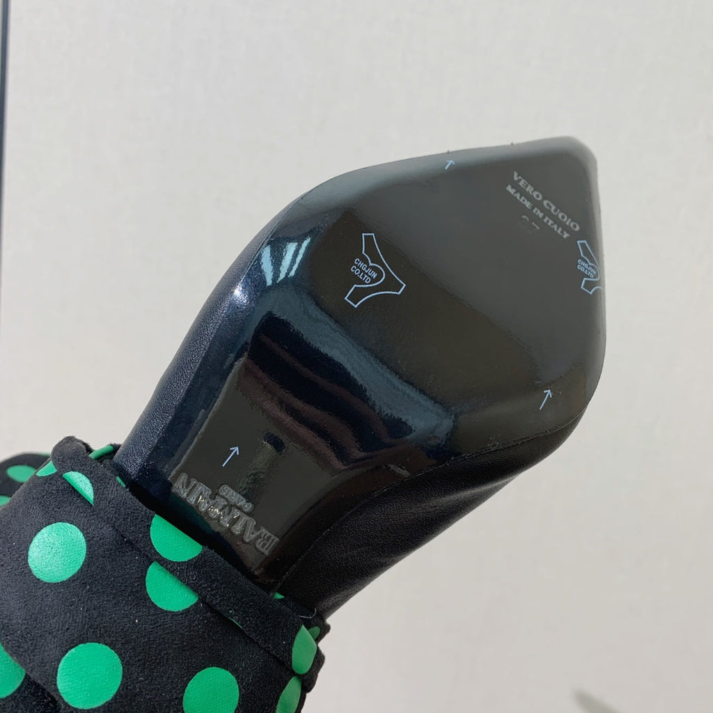BALMAIN 25S BAKARI MULE WITH GREEN POLKA DOTS ON BLACK STRAP 95MM IN BLACK CALFSKIN