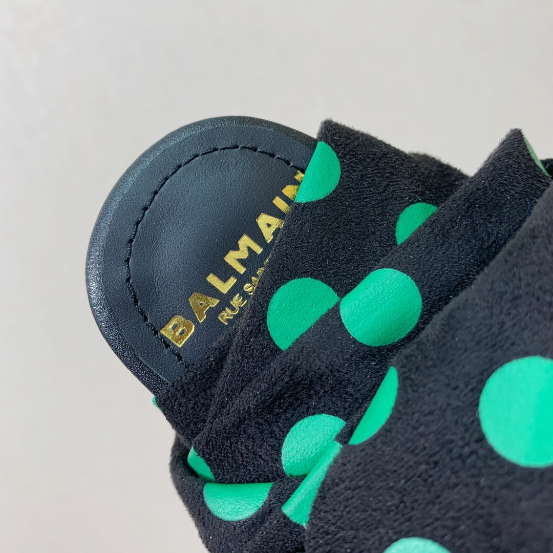 BALMAIN 25S BAKARI MULE WITH GREEN POLKA DOTS ON BLACK STRAP 95MM IN BLACK CALFSKIN