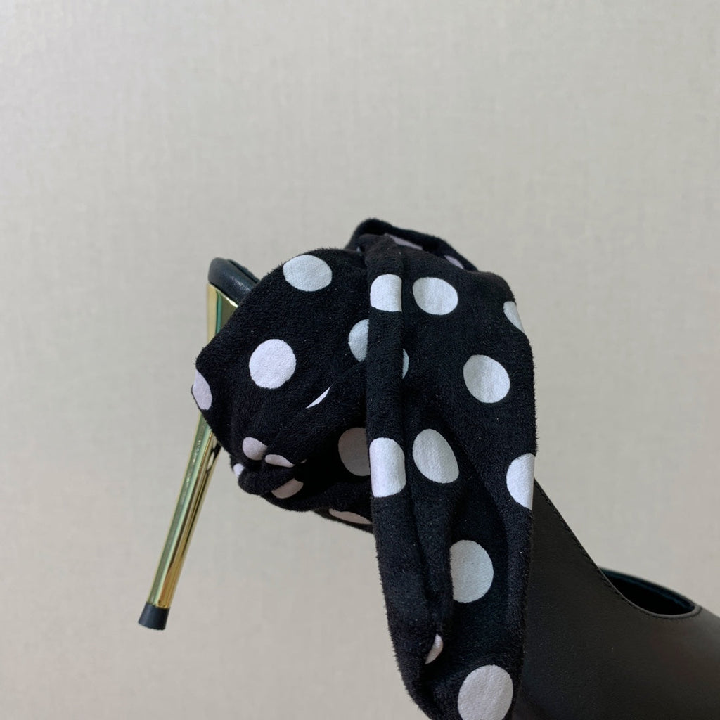BALMAIN 25S BAKARI MULE WITH MONOCHROME POLKA DOT STRAP 95MM IN BLACK CALFSKIN