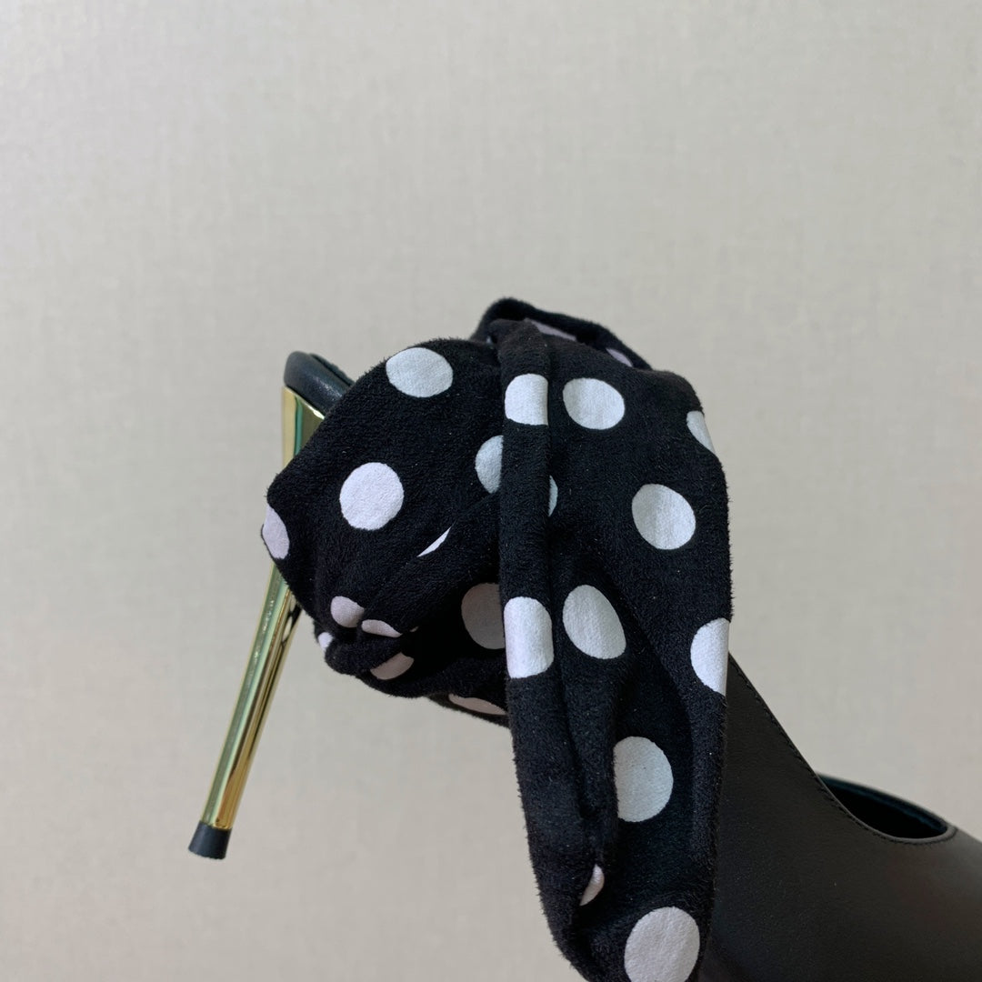 BALMAIN 25S BAKARI MULE WITH MONOCHROME POLKA DOT STRAP 95MM IN BLACK CALFSKIN