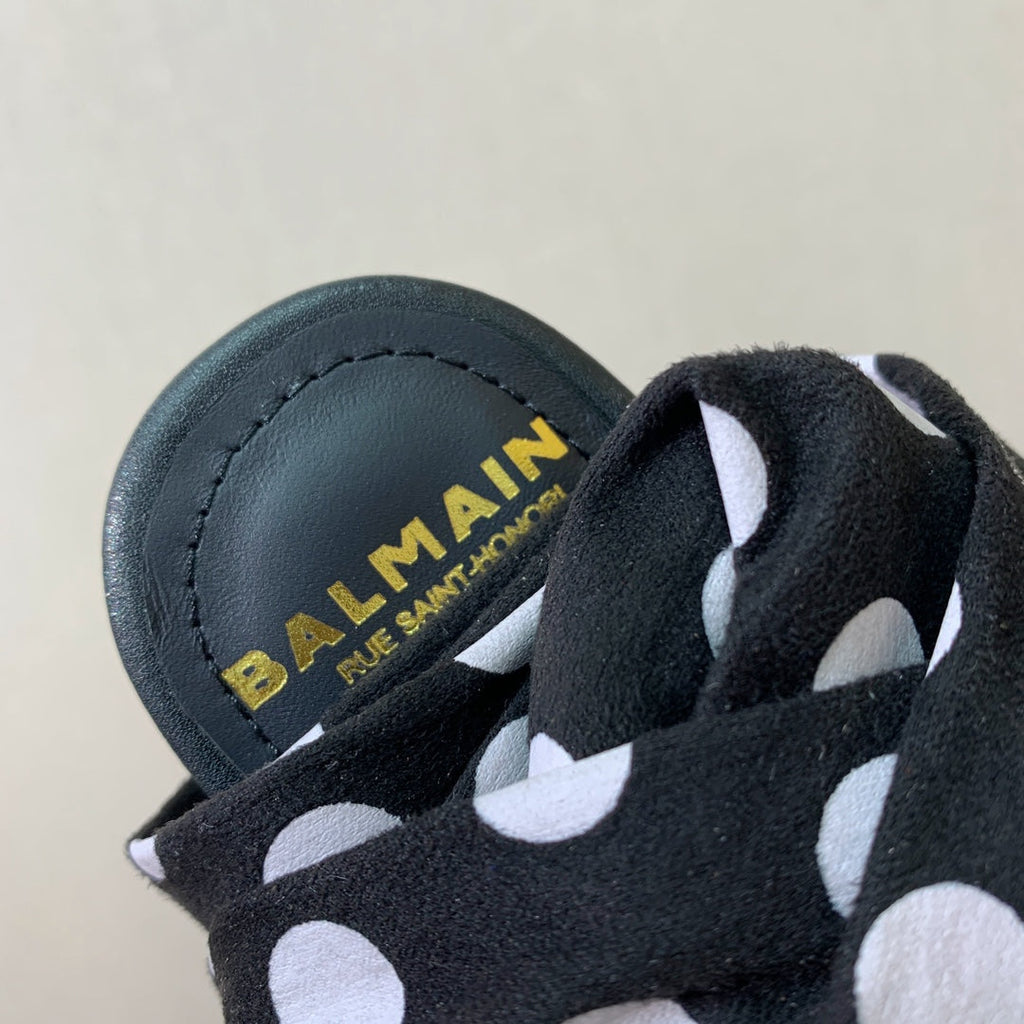 BALMAIN 25S BAKARI MULE WITH MONOCHROME POLKA DOT STRAP 95MM IN BLACK CALFSKIN