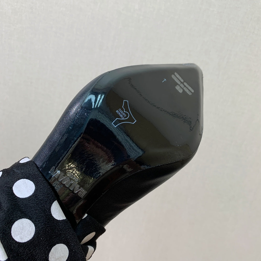 BALMAIN 25S BAKARI MULE WITH MONOCHROME POLKA DOT STRAP 95MM IN BLACK CALFSKIN