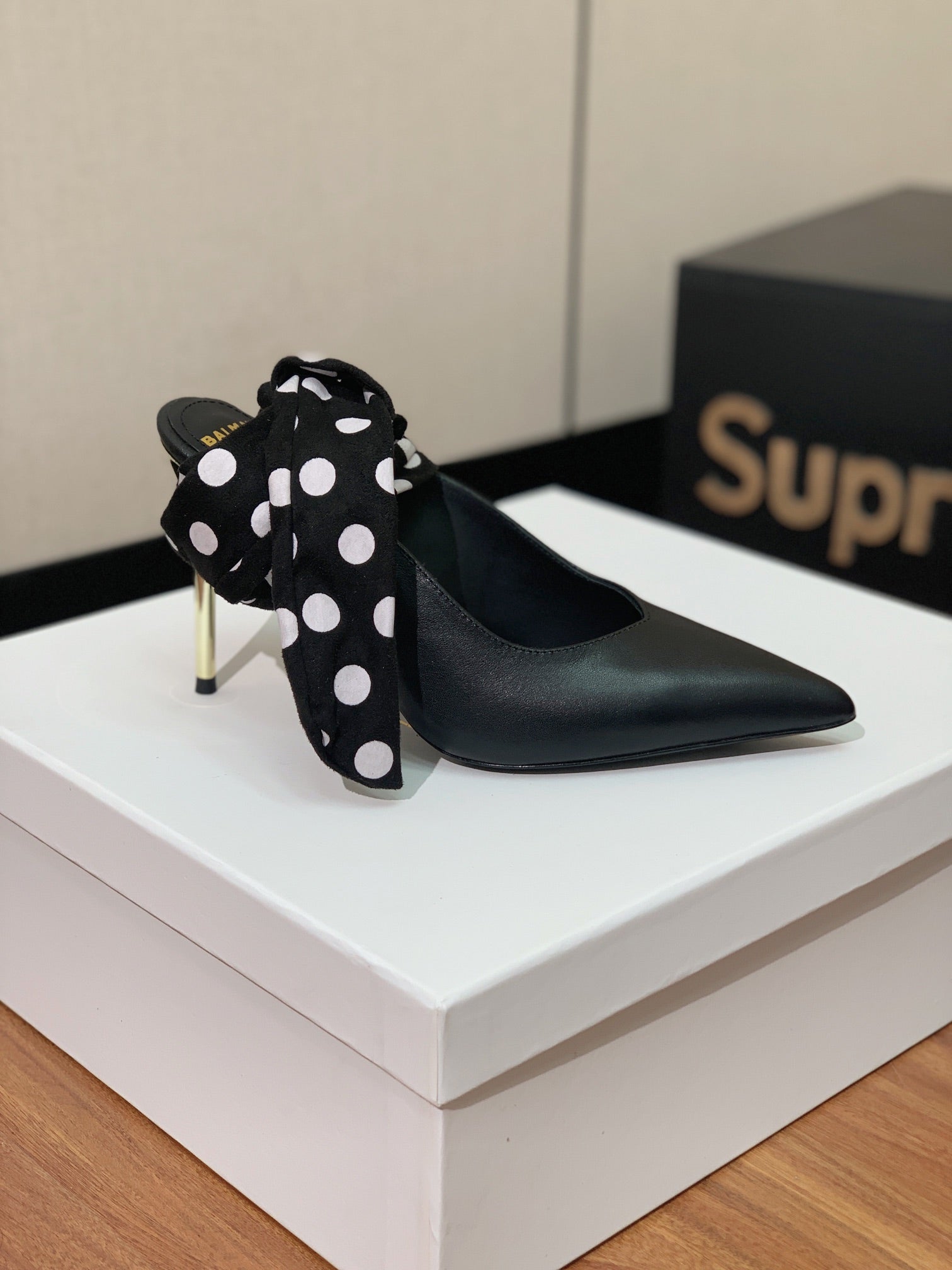 BALMAIN 25S BAKARI MULE WITH MONOCHROME POLKA DOT STRAP 95MM IN BLACK CALFSKIN