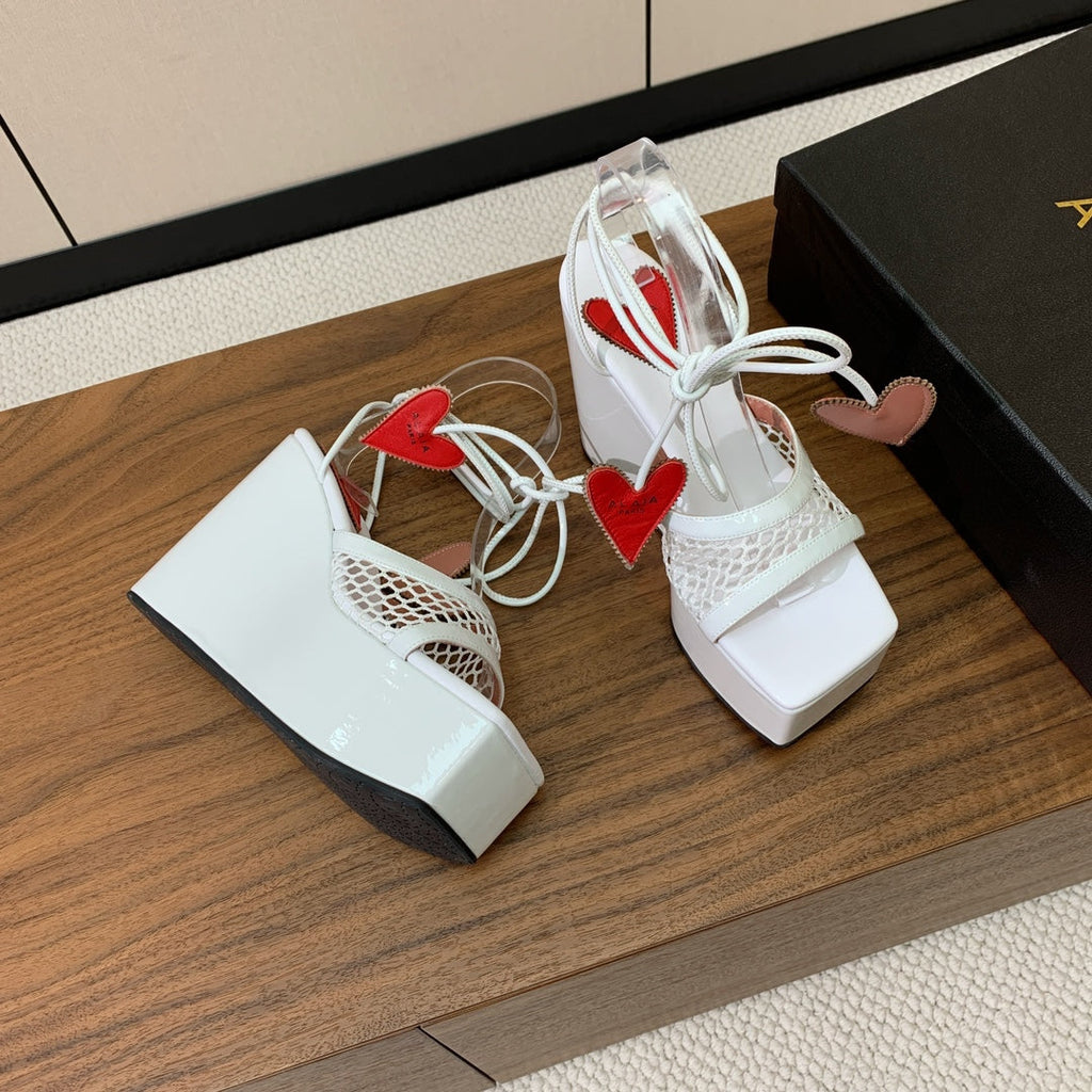 ALAIA BANQUET WEDGE SANDALS IN WHITE LAMBSKIN WITH RED HEART