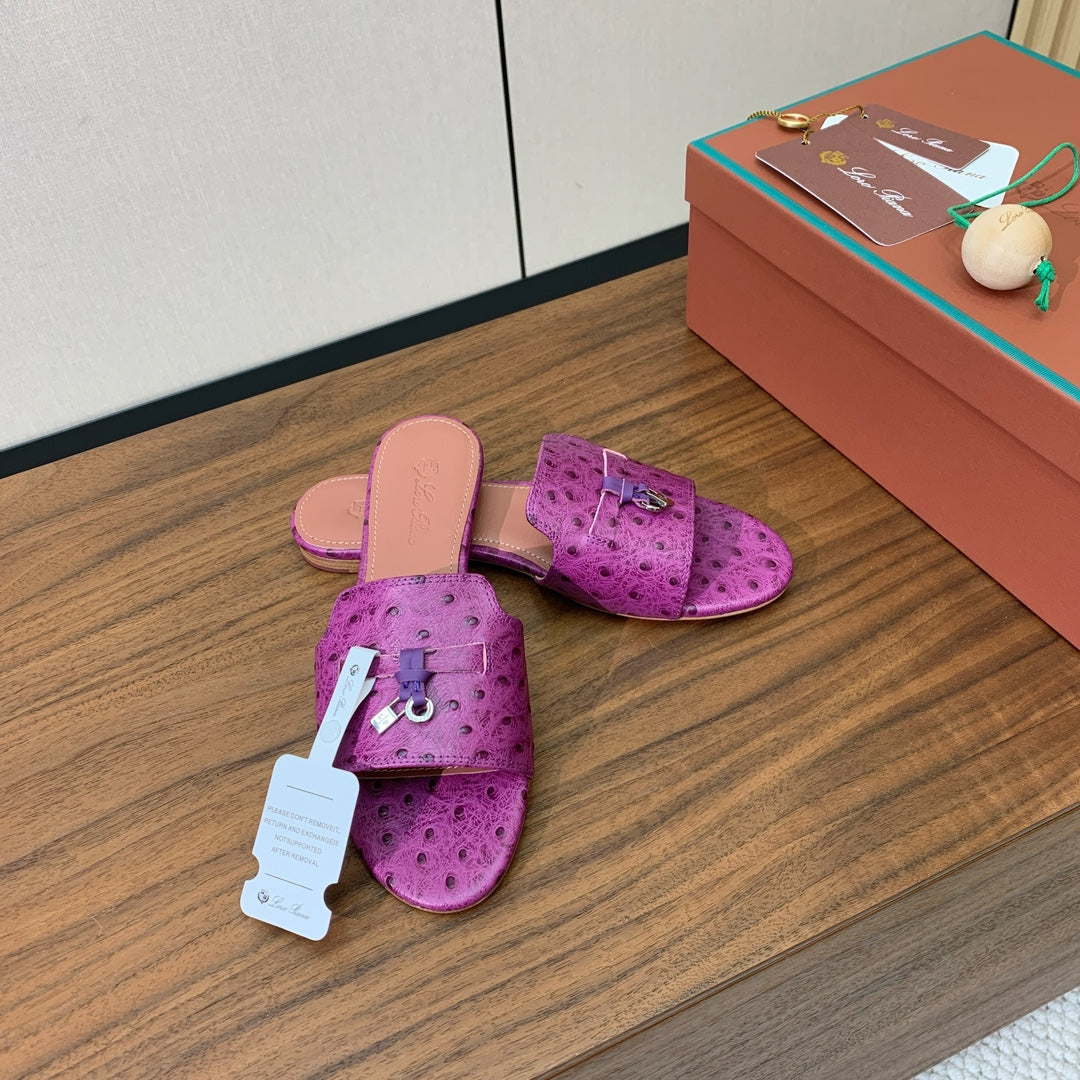 FLAT SLIPPERS IN PURPLE LAMBSKIN OSTRICH SKIN