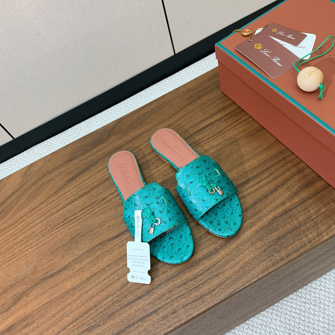 FLAT SLIPPERS IN TEAL GREEN LAMBSKIN OSTRICH SKIN
