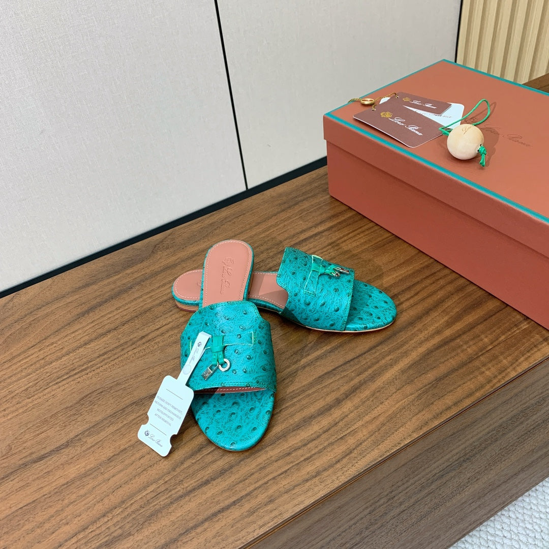 FLAT SLIPPERS IN TEAL GREEN LAMBSKIN OSTRICH SKIN