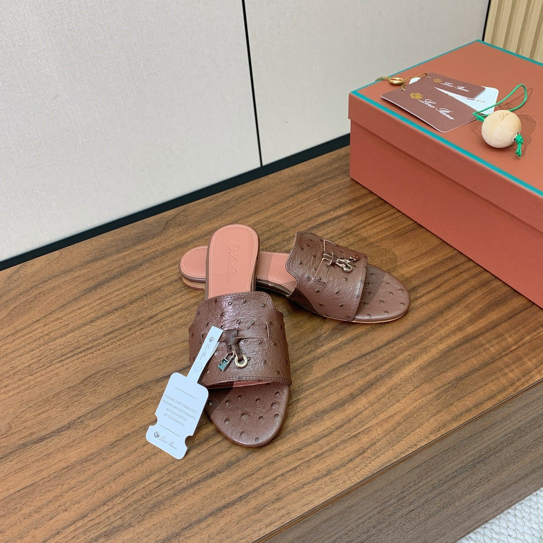 FLAT SLIPPERS IN BROWN LAMBSKIN OSTRICH SKIN