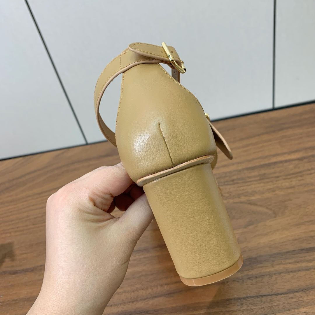 THREE-STRAP HIGH-HEELED EMBROIDERED SANDALS CAMEL BROWN