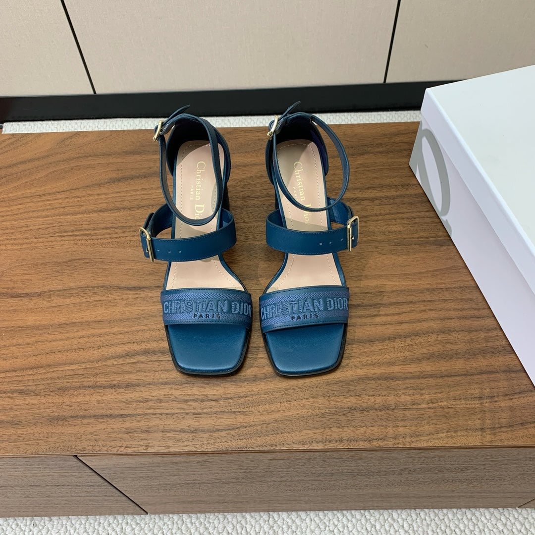 THREE-STRAP HIGH-HEELED EMBROIDERED SANDALS NAVY BLUE