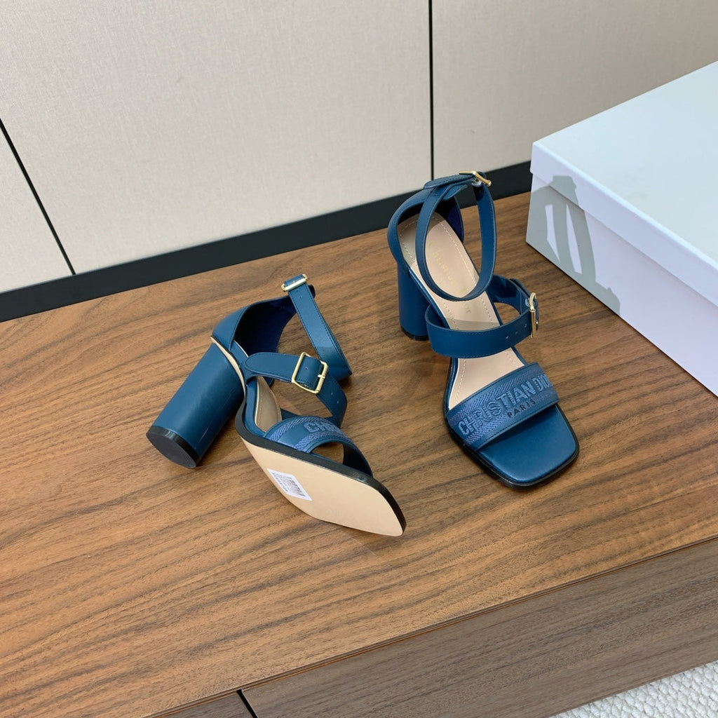 THREE-STRAP HIGH-HEELED EMBROIDERED SANDALS NAVY BLUE