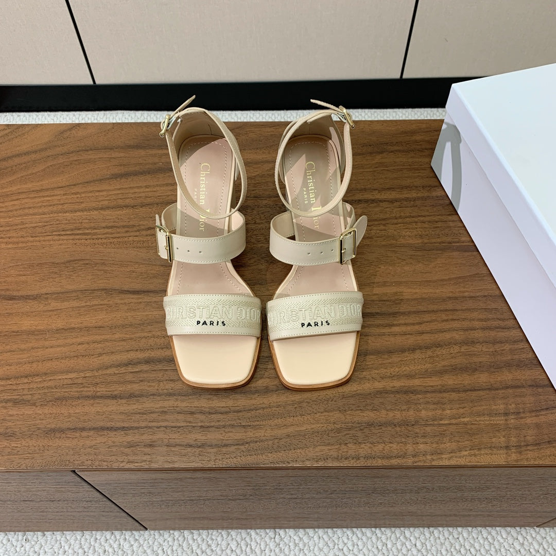 THREE-STRAP HIGH-HEELED EMBROIDERED SANDALS NUDE BEIGE