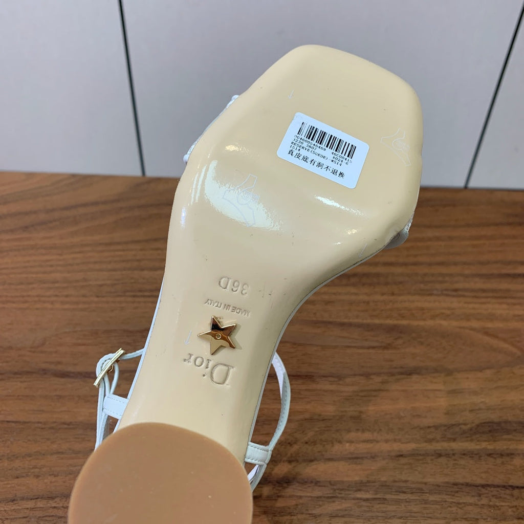 HIGH HEEL EMBROIDERED SANDAL IN WHITE CALFSKIN AND WOVEN STRAPS