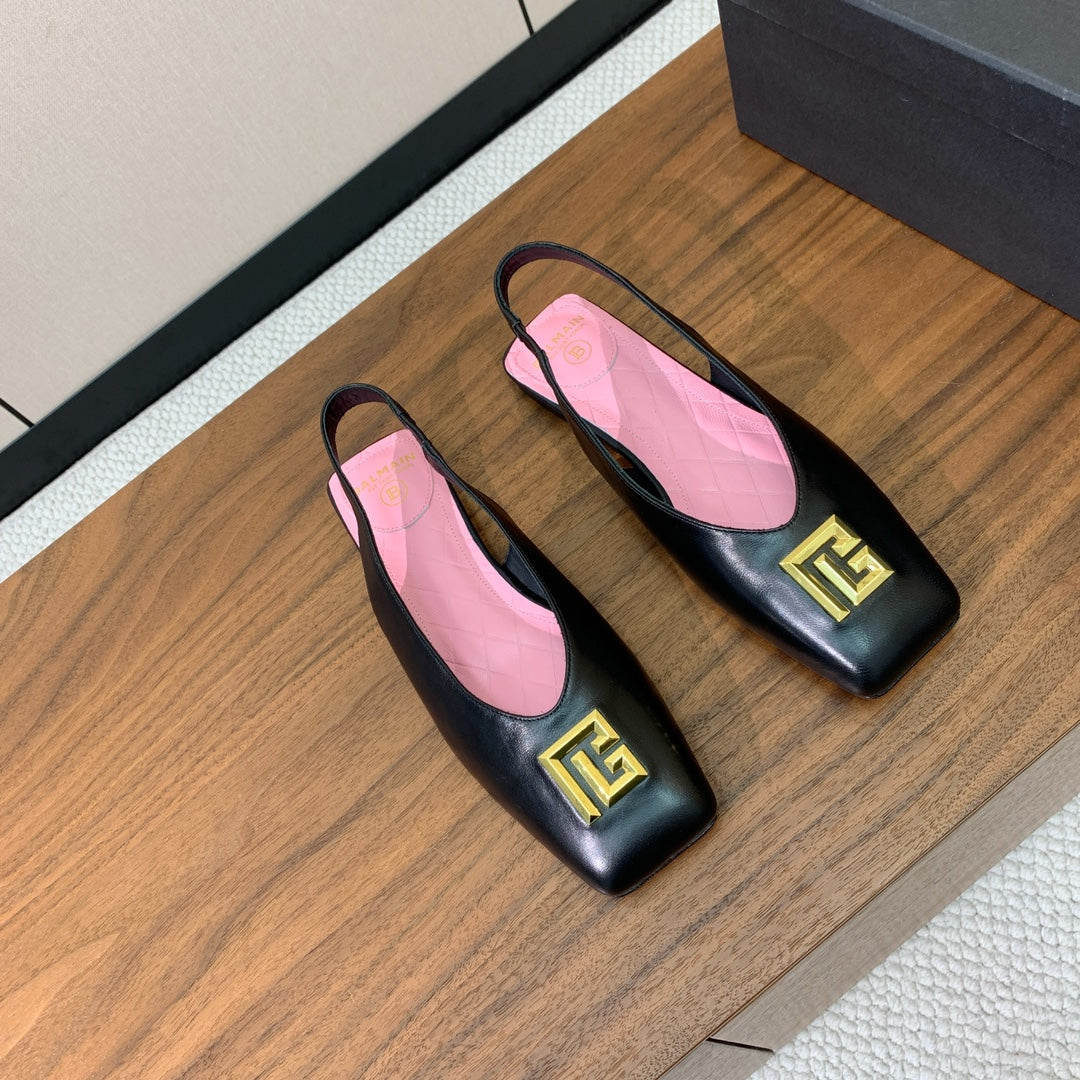 BALMAIN 25S FLAT EDEN SLINGBACKS IN BLACK CALFSKIN