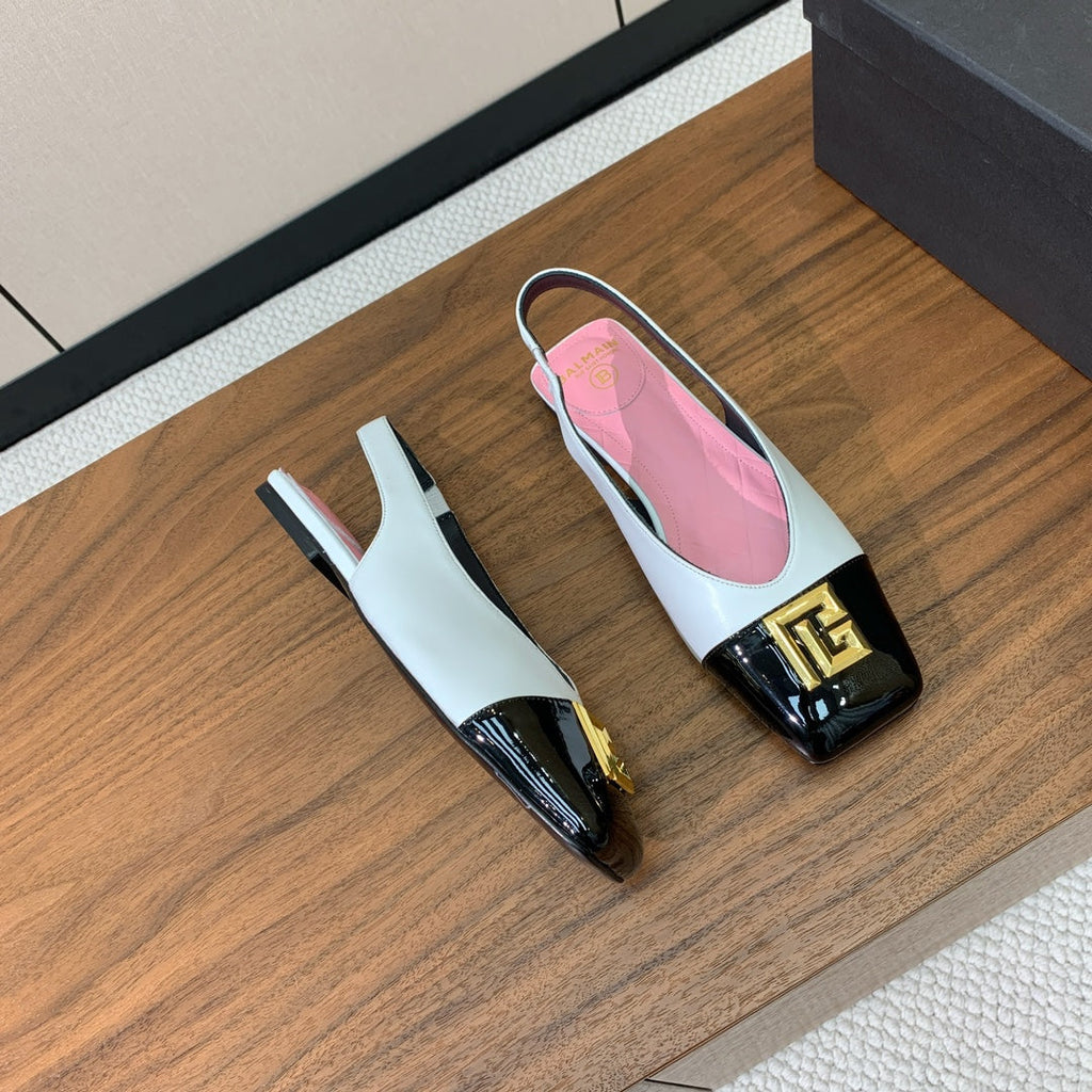 BALMAIN 25S FLAT EDEN SLINGBACKS IN BLACK AND WHITE CALFSKIN