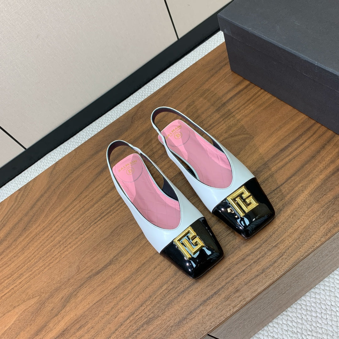 BALMAIN 25S FLAT EDEN SLINGBACKS IN BLACK AND WHITE CALFSKIN