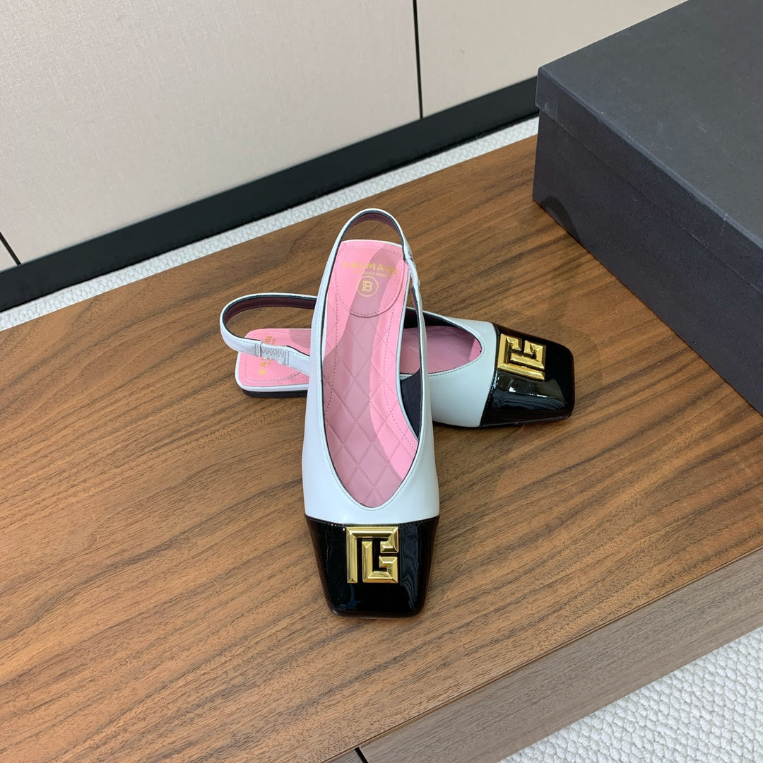 BALMAIN 25S FLAT EDEN SLINGBACKS IN BLACK AND WHITE CALFSKIN