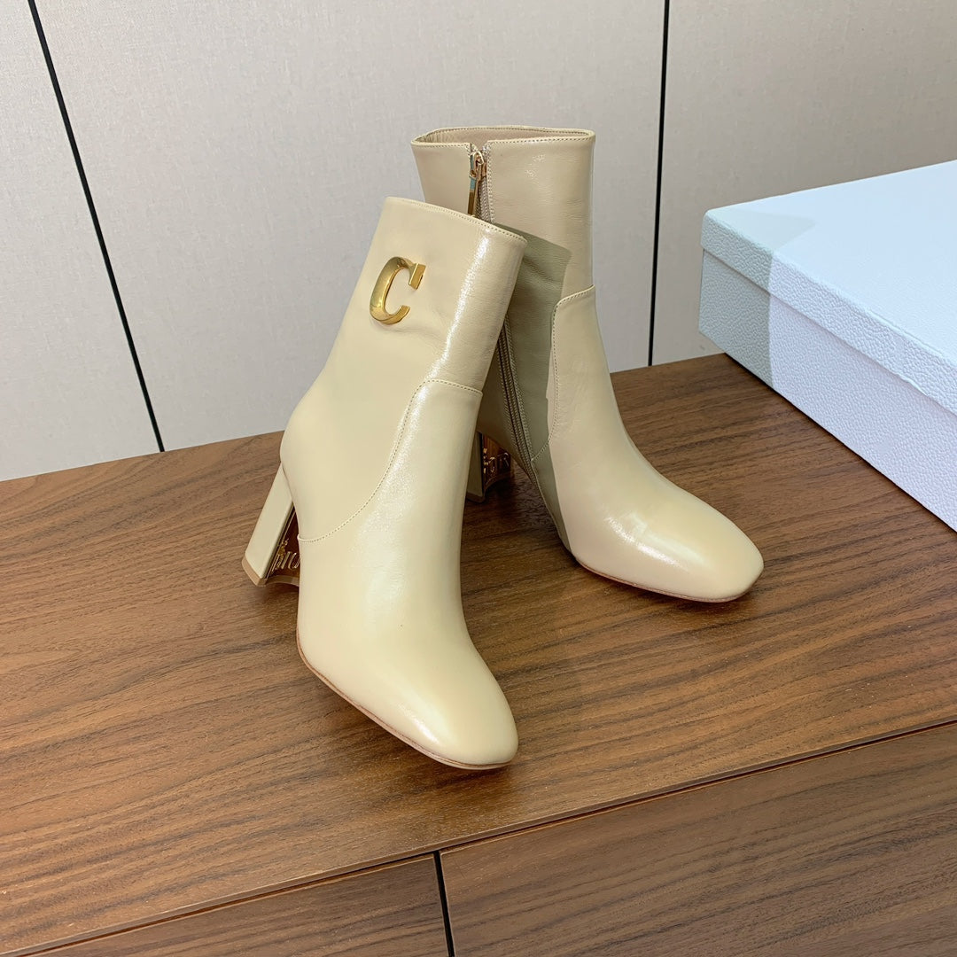 DIOR 25S ANKLE BOOTS 80 MM IN BEIGE CALFSKIN WITH GOLD HARDWARE