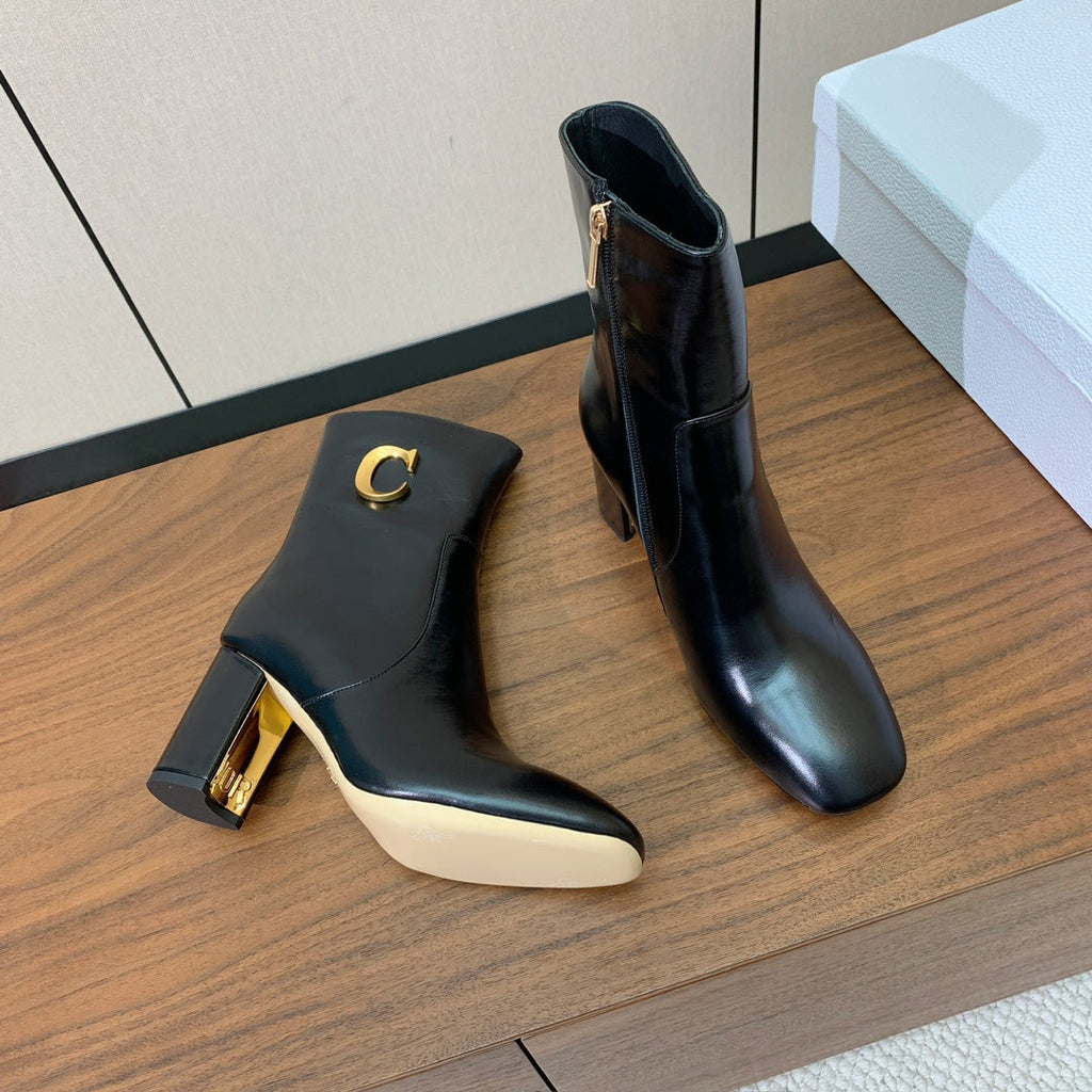 DIOR 25S ANKLE BOOTS 80 MM IN BLACK CALFSKIN WITH GOLD HARDWARE