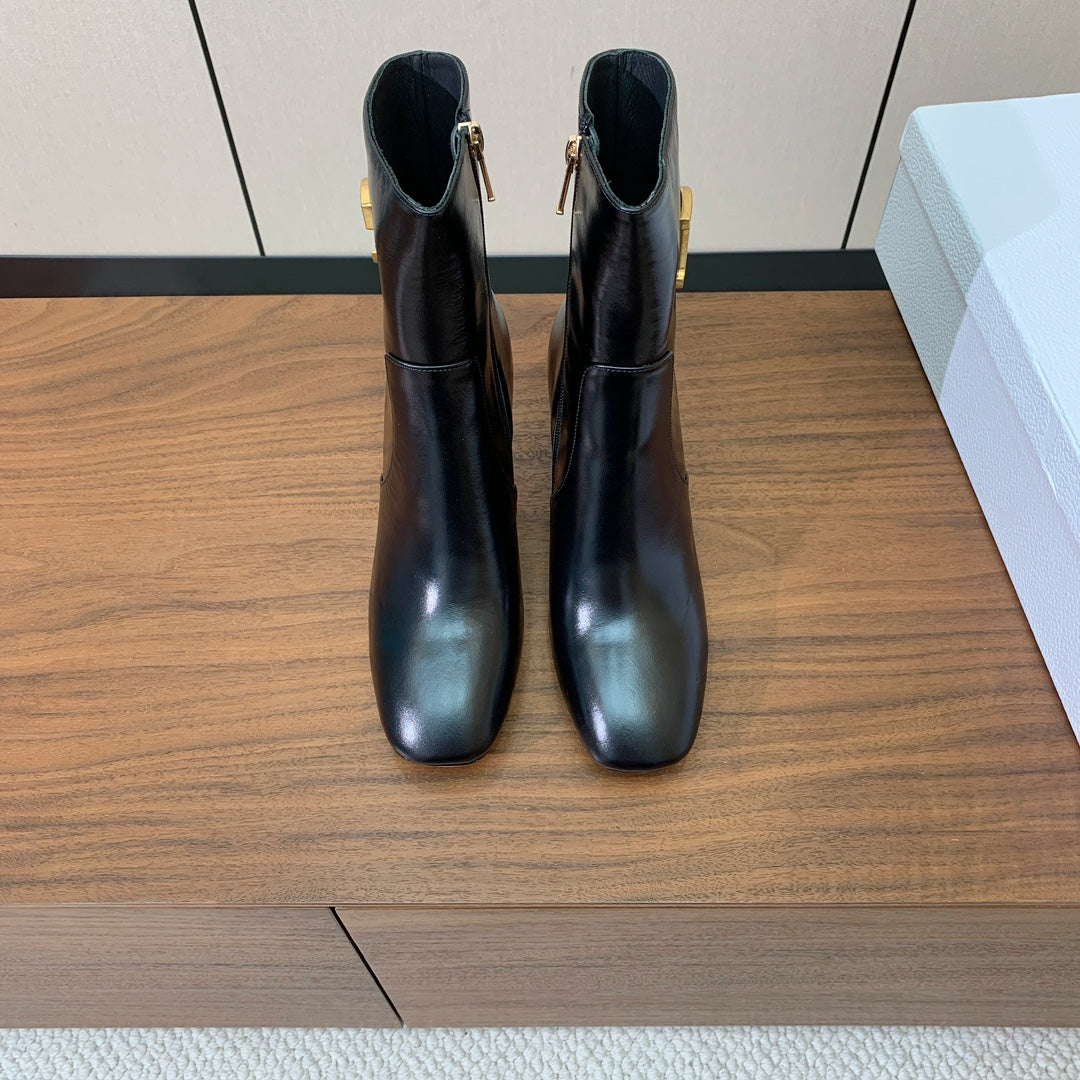 DIOR 25S ANKLE BOOTS 80 MM IN BLACK CALFSKIN WITH GOLD HARDWARE