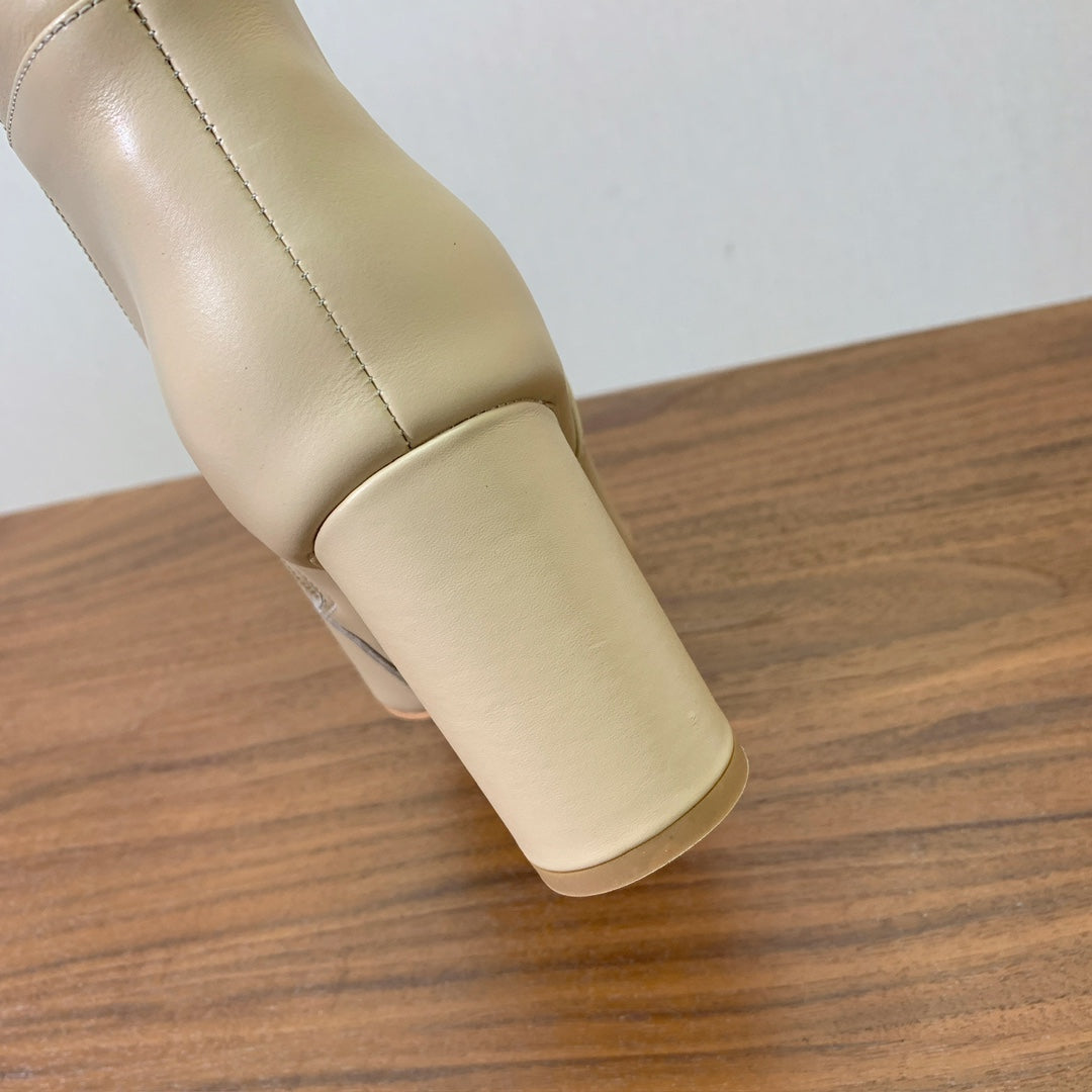 DIOR 25S KNEE-HIGH BOOTS 80 MM IN BEIGE CALFSKIN WITH GOLD HARDWARE