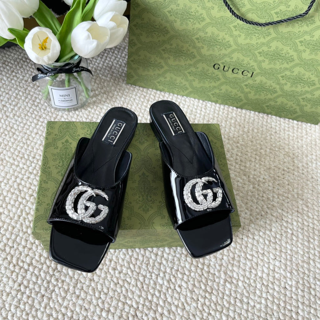 GG CRYSTAL SLIDES SANDAL BLACK CALFSKIN