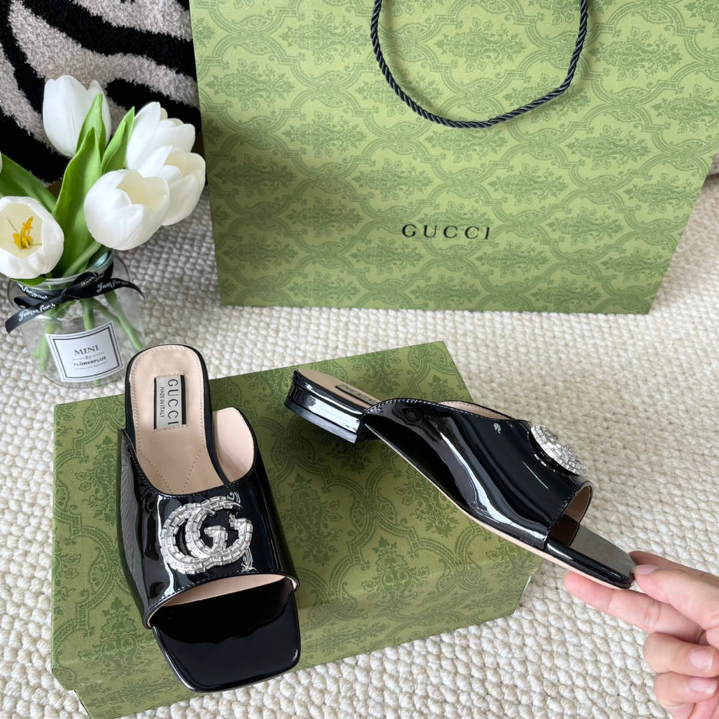 GG CRYSTAL SLIDES SANDAL BLACK AND CREAM CALFSKIN