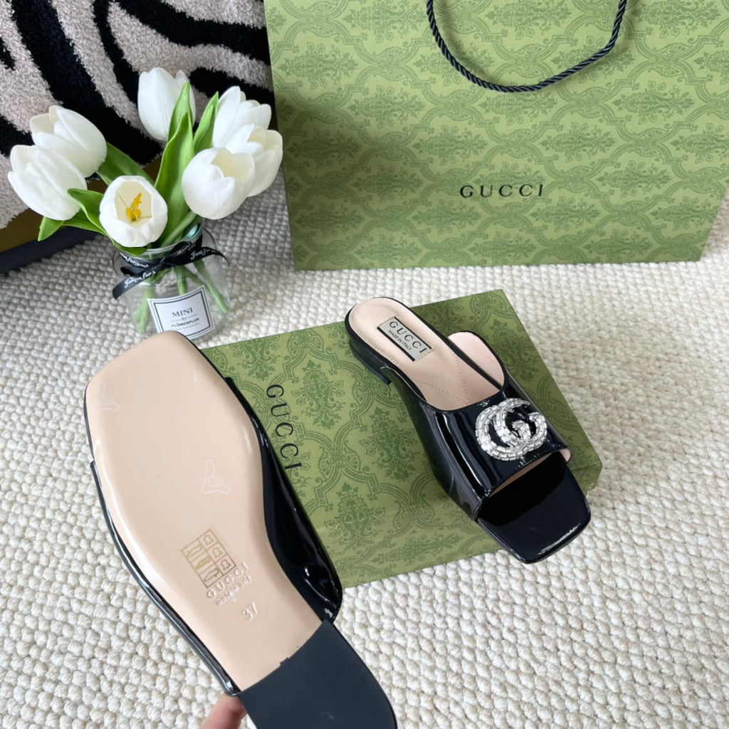 GG CRYSTAL SLIDES SANDAL BLACK AND CREAM CALFSKIN