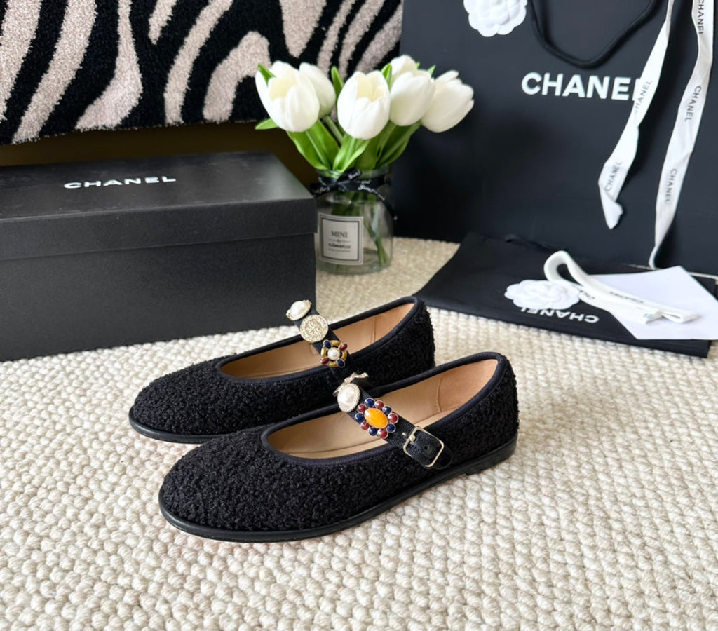 CC MARY JANES BLACK WOOL TWEED AND FABRIC