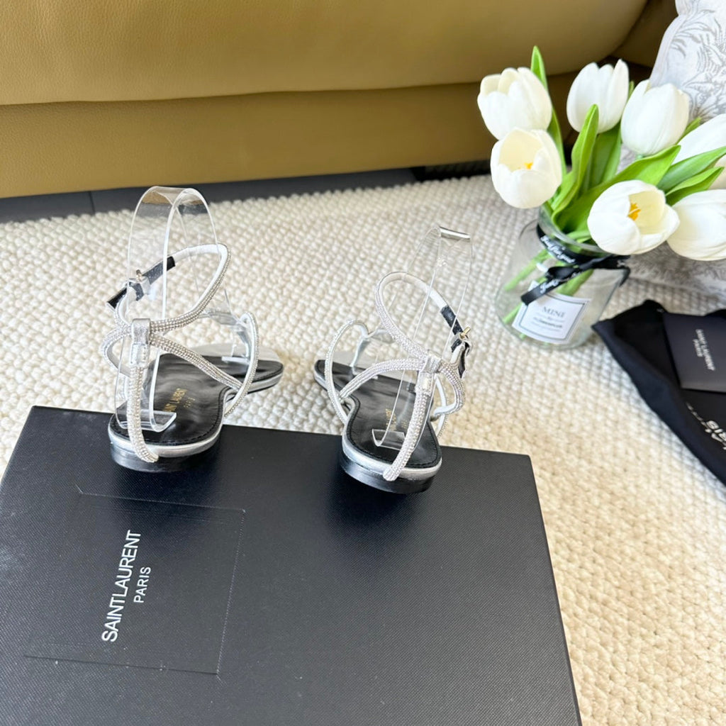 SL CRYSTAL FLAT SANDALS SILVER CALFSKIN