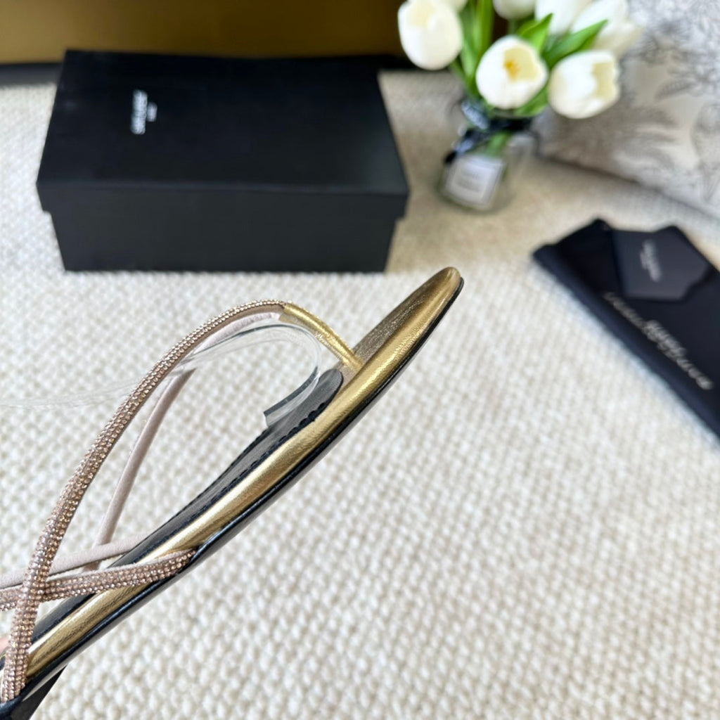 SL CRYSTAL FLAT SANDALS METALLIC GOLD CALFSKIN