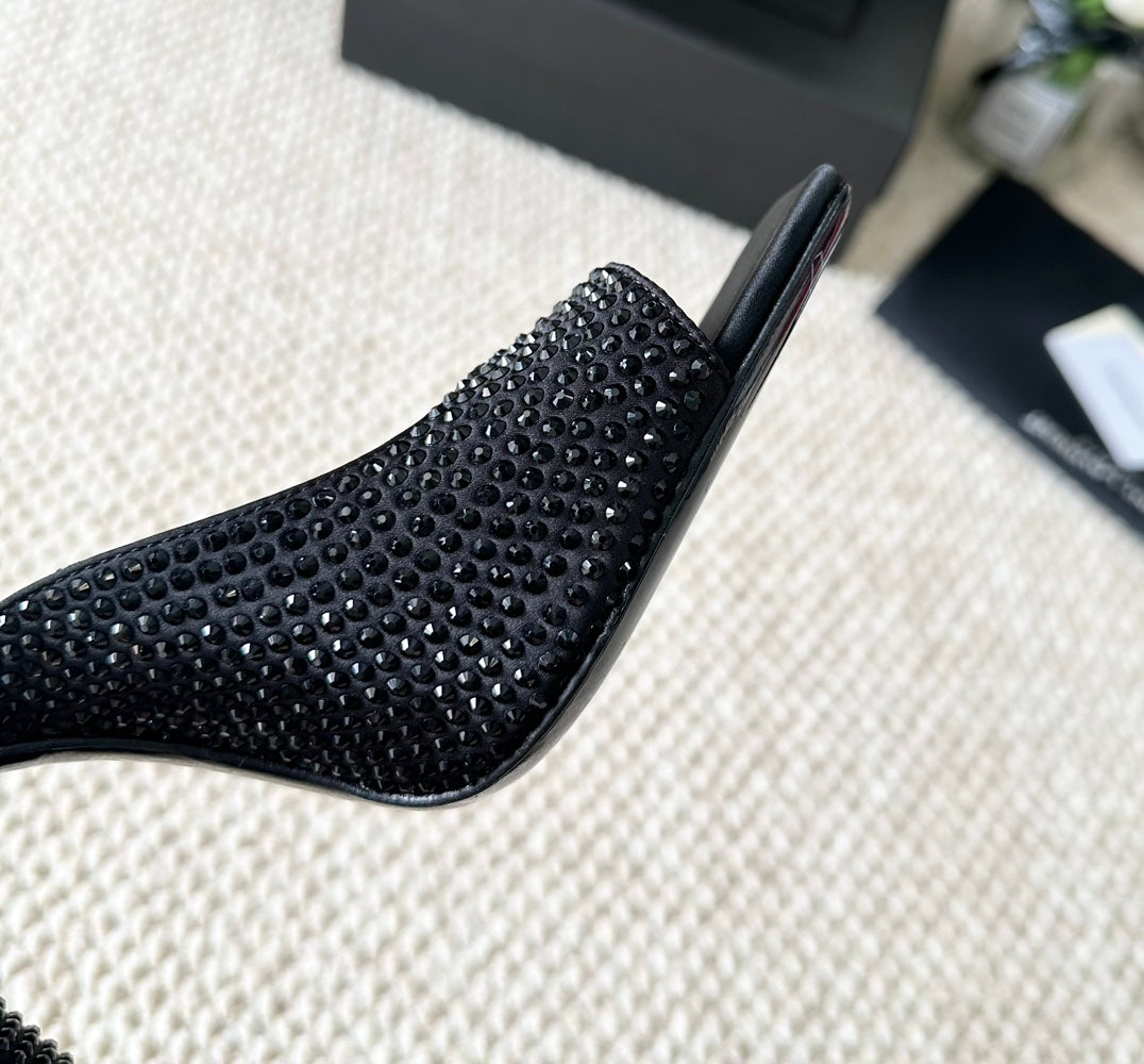 SL SEPT MULES BLACK SATIN AND RHINESTONES