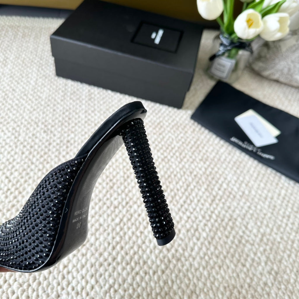 SL SEPT MULES BLACK SATIN AND RHINESTONES