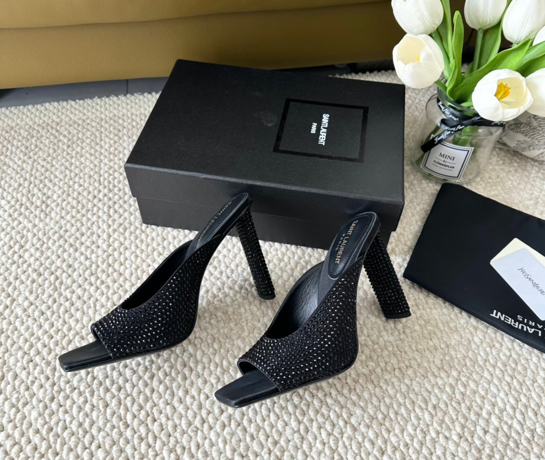 SL SEPT MULES BLACK SATIN AND RHINESTONES