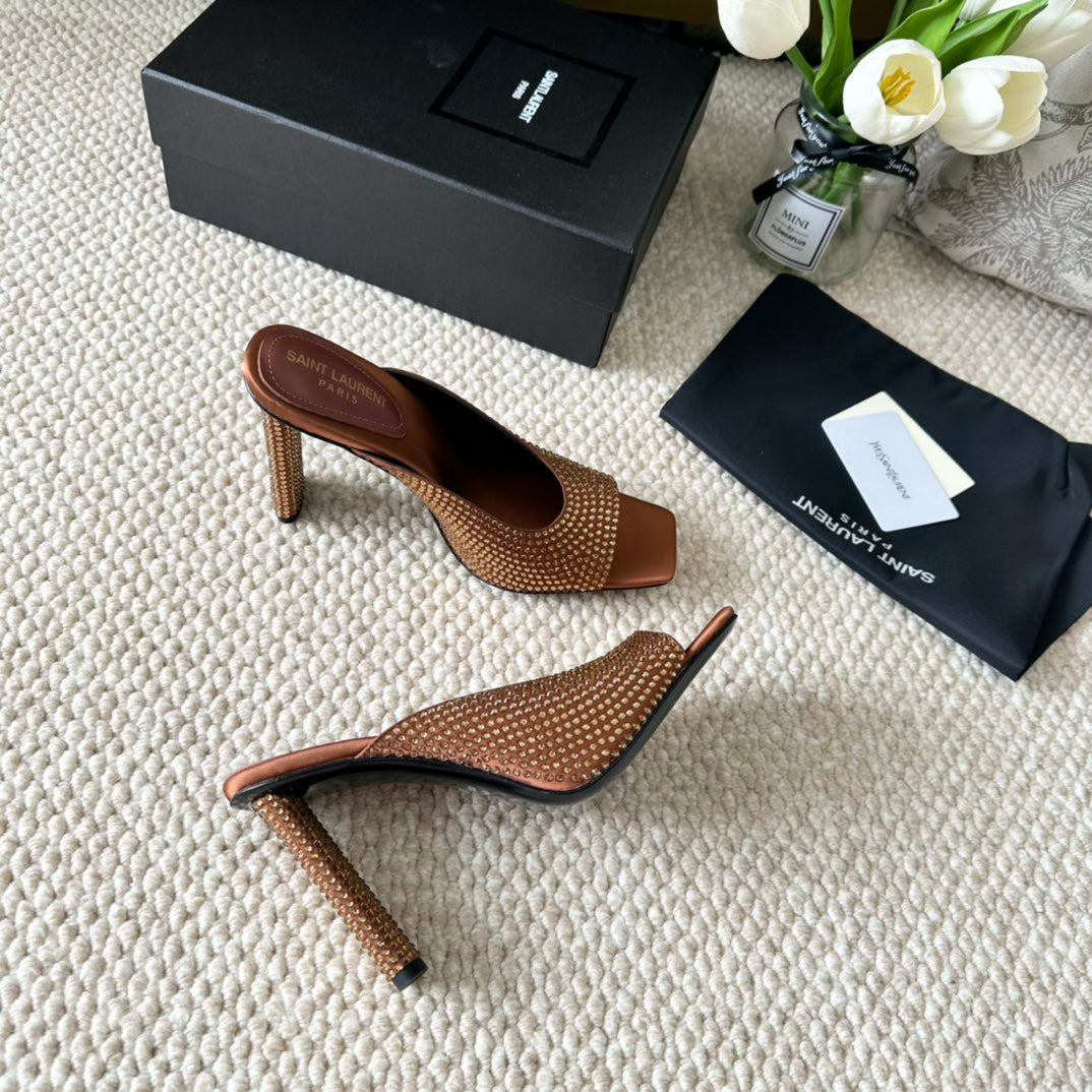 SL SEPT MULES SIENNA SATIN AND RHINESTONES