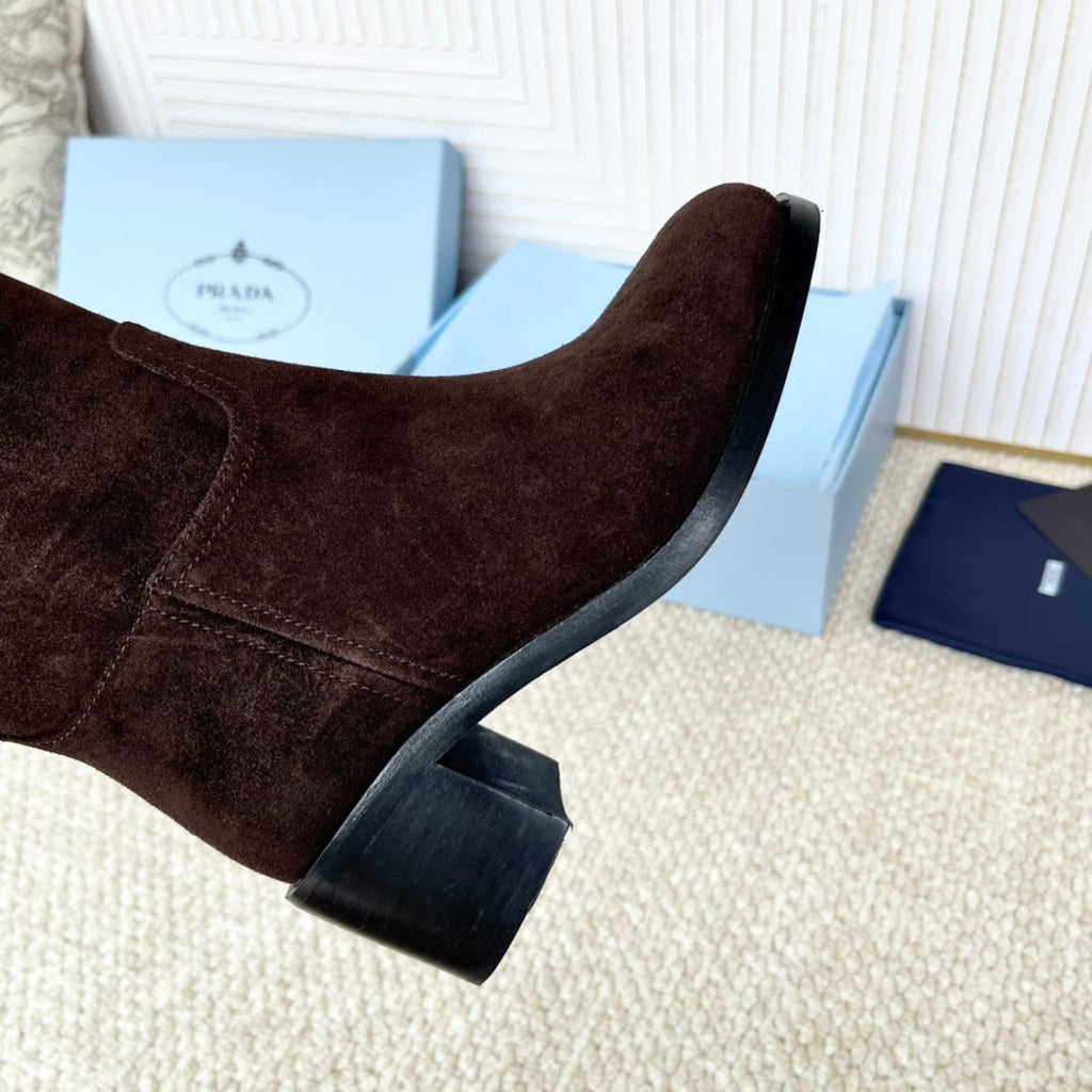 PRADA 25S HIGH-CUT BOOTS 55 MM IN DARK BROWN SUEDE
