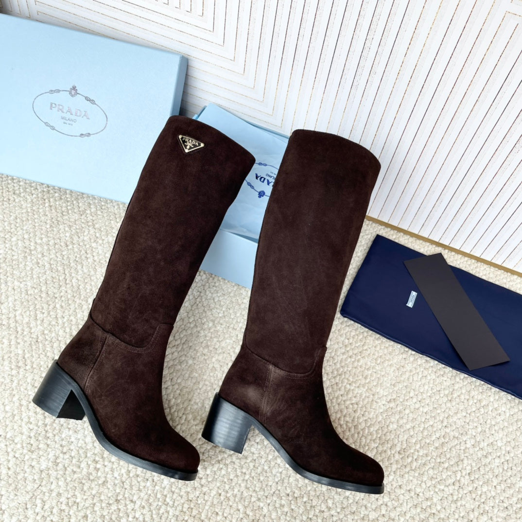 PRADA 25S HIGH-CUT BOOTS 55 MM IN DARK BROWN SUEDE