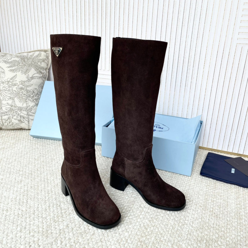 PRADA 25S HIGH-CUT BOOTS 55 MM IN DARK BROWN SUEDE