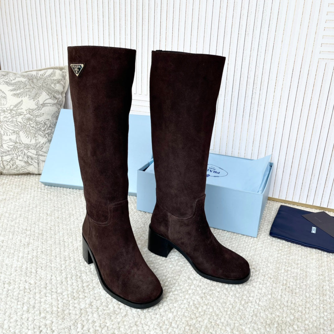 PRADA 25S HIGH-CUT BOOTS 55 MM IN DARK BROWN SUEDE