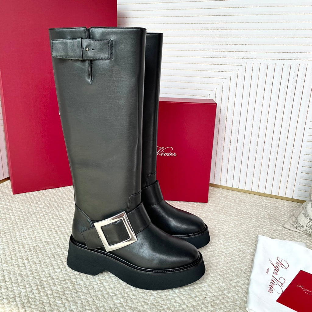 VIV' RANGERS HIGH BIKER IN BLACK CALFSKIN SILVER BUCKLE