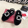 VIV' WINTER FUR STRASS BUCKLE SANDALS IN BLACK SHEEPSKIN